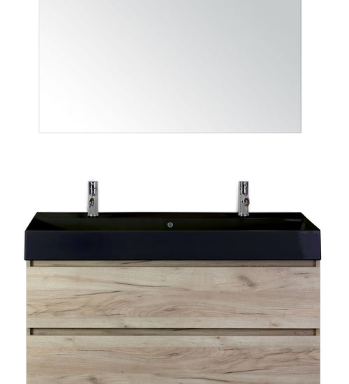 Badmeubelset 120 cm breed - bestaande uit: wastafelkast 2 laden, enkele keramische wastafel Kube zwart met twee kraangaten en standaard spiegel