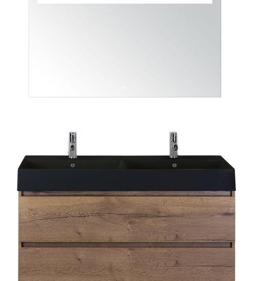 Badmeubelset 120 cm breed - bestaande uit: wastafelkast 2 laden, dubbele keramische wastafel Kube zwart met kraangaten en luxe spiegel