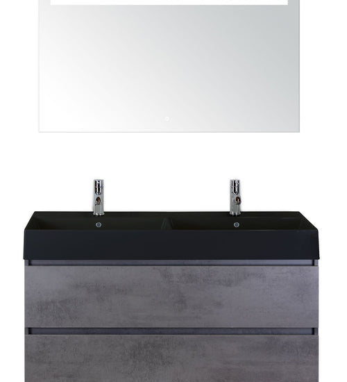 Badmeubelset 120 cm breed - bestaande uit: wastafelkast 2 laden, dubbele keramische wastafel Kube zwart met kraangaten en luxe spiegel