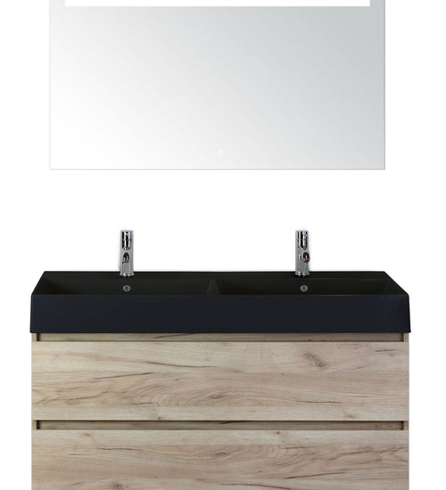 Badmeubelset 120 cm breed - bestaande uit: wastafelkast 2 laden, dubbele keramische wastafel Kube zwart met kraangaten en luxe spiegel