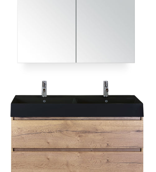 Badmeubelset 120 cm breed - bestaande uit: wastafelkast 2 laden, dubbele keramische wastafel Kube zwart met kraangaten en spiegelkast