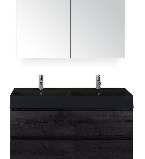 Badmeubelset 120 cm breed - bestaande uit: wastafelkast 2 laden, dubbele keramische wastafel Kube zwart met kraangaten en spiegelkast
