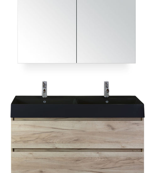 Badmeubelset 120 cm breed - bestaande uit: wastafelkast 2 laden, dubbele keramische wastafel Kube zwart met kraangaten en spiegelkast