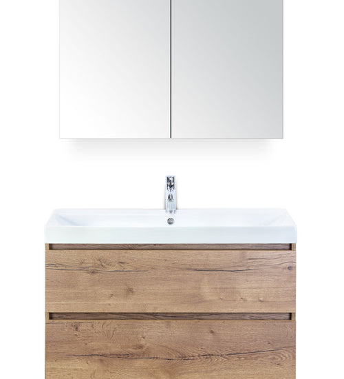 Badmeubelset 100 cm breed - bestaande uit: wastafelkast 2 laden, keramische wastafel Just met één kraangat en spiegelkast