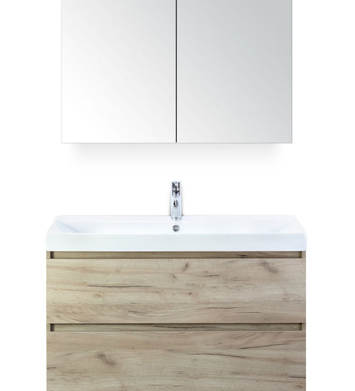 Badmeubelset 100 cm breed - bestaande uit: wastafelkast 2 laden, keramische wastafel Just met één kraangat en spiegelkast