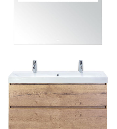 Badmeubelset 120 cm breed - bestaande uit: wastafelkast 2 laden, enkele keramische wastafel Just met twee kraangaten en luxe spiegel