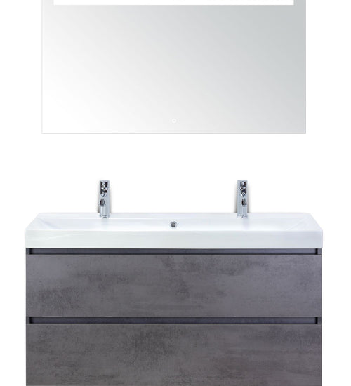 Badmeubelset 120 cm breed - bestaande uit: wastafelkast 2 laden, enkele keramische wastafel Just met twee kraangaten en luxe spiegel