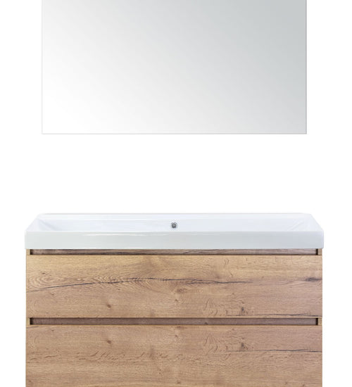 Badmeubelset 120 cm breed - bestaande uit: wastafelkast 2 laden, enkele keramische wastafel Just zonder kraangat en standaard spiegel