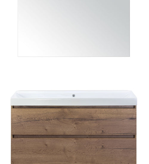 Badmeubelset 120 cm breed - bestaande uit: wastafelkast 2 laden, enkele keramische wastafel Just zonder kraangat en standaard spiegel