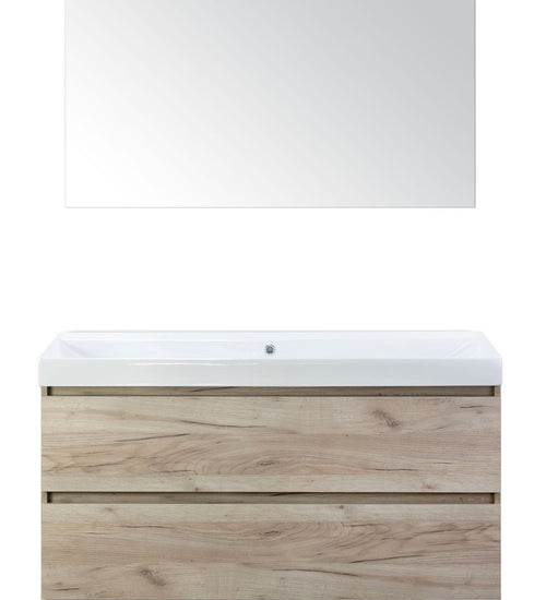 Badmeubelset 120 cm breed - bestaande uit: wastafelkast 2 laden, enkele keramische wastafel Just zonder kraangat en standaard spiegel