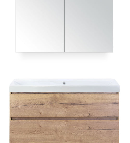 Badmeubelset 120 cm breed - bestaande uit: wastafelkast 2 laden, enkele keramische wastafel Just zonder kraangat en spiegelkast