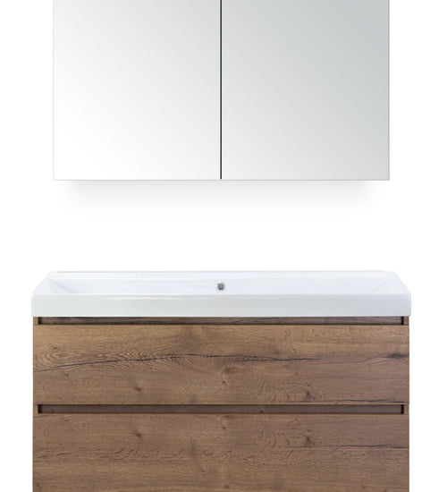 Badmeubelset 120 cm breed - bestaande uit: wastafelkast 2 laden, enkele keramische wastafel Just zonder kraangat en spiegelkast