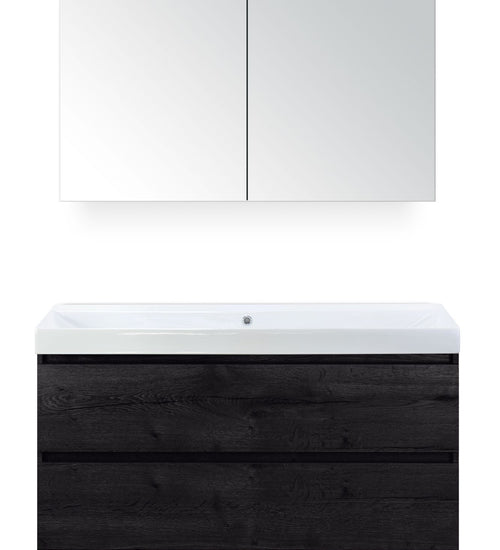 Badmeubelset 120 cm breed - bestaande uit: wastafelkast 2 laden, enkele keramische wastafel Just zonder kraangat en spiegelkast