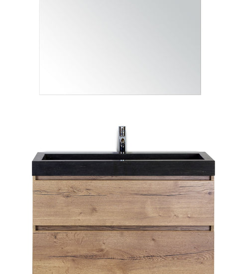Badmeubelset 100 cm breed - bestaande uit: wastafelkast 2 laden, hardstenen wastafel Lucca met één kraangat en standaard spiegel