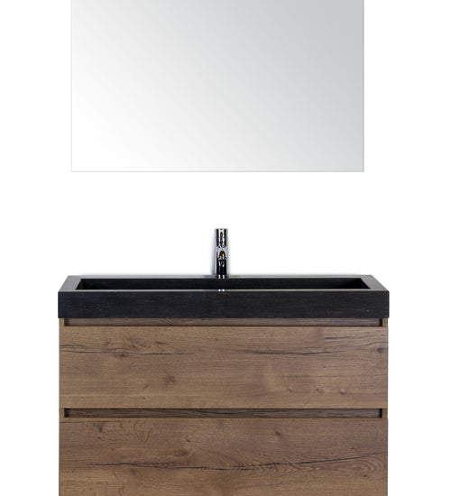 Badmeubelset 100 cm breed - bestaande uit: wastafelkast 2 laden, hardstenen wastafel Lucca met één kraangat en standaard spiegel