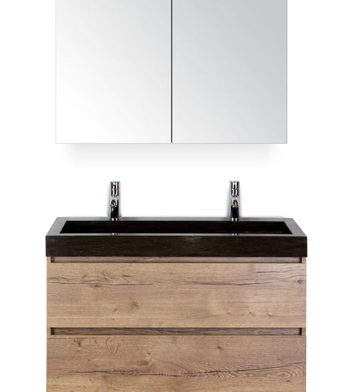 Badmeubelset 100 cm breed - bestaande uit: wastafelkast 2 laden, hardstenen wastafel Lucca met twee kraangaten en spiegelkast