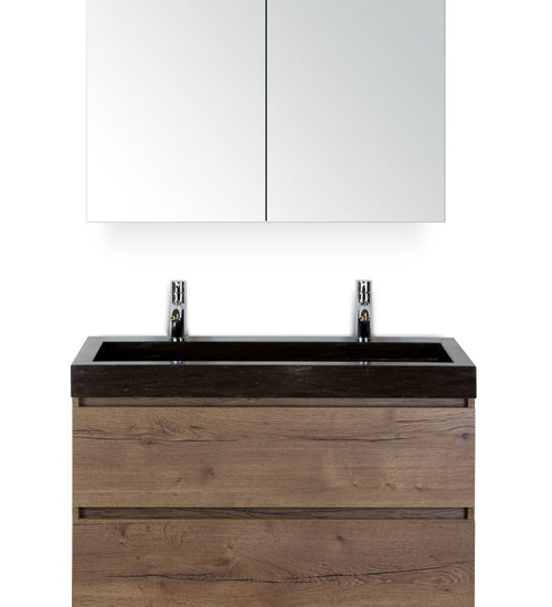 Badmeubelset 100 cm breed - bestaande uit: wastafelkast 2 laden, hardstenen wastafel Lucca met twee kraangaten en spiegelkast