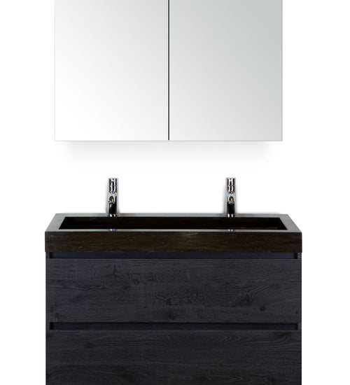 Badmeubelset 100 cm breed - bestaande uit: wastafelkast 2 laden, hardstenen wastafel Lucca met twee kraangaten en spiegelkast