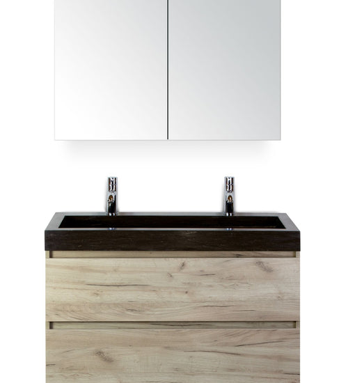 Badmeubelset 100 cm breed - bestaande uit: wastafelkast 2 laden, hardstenen wastafel Lucca met twee kraangaten en spiegelkast