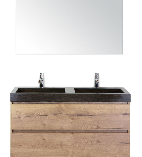 Badmeubelset 120 cm breed - bestaande uit: wastafelkast 2 laden, dubbele hardstenen wastafel Lucca met kraangaten en standaard spiegel