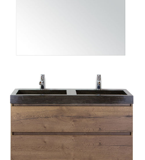 Badmeubelset 120 cm breed - bestaande uit: wastafelkast 2 laden, dubbele hardstenen wastafel Lucca met kraangaten en standaard spiegel