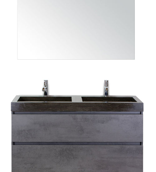 Badmeubelset 120 cm breed - bestaande uit: wastafelkast 2 laden, dubbele hardstenen wastafel Lucca met kraangaten en standaard spiegel