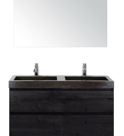 Badmeubelset 120 cm breed - bestaande uit: wastafelkast 2 laden, dubbele hardstenen wastafel Lucca met kraangaten en standaard spiegel