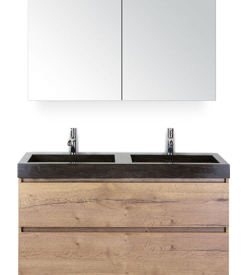 Badmeubelset 120 cm breed - bestaande uit: wastafelkast 2 laden, dubbele hardstenen wastafel Lucca met kraangaten en spiegelkast