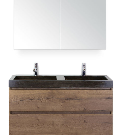 Badmeubelset 120 cm breed - bestaande uit: wastafelkast 2 laden, dubbele hardstenen wastafel Lucca met kraangaten en spiegelkast