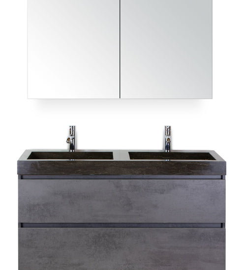 Badmeubelset 120 cm breed - bestaande uit: wastafelkast 2 laden, dubbele hardstenen wastafel Lucca met kraangaten en spiegelkast