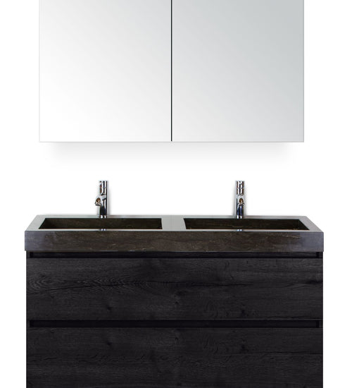 Badmeubelset 120 cm breed - bestaande uit: wastafelkast 2 laden, dubbele hardstenen wastafel Lucca met kraangaten en spiegelkast