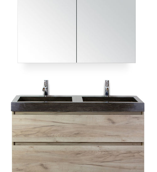 Badmeubelset 120 cm breed - bestaande uit: wastafelkast 2 laden, dubbele hardstenen wastafel Lucca met kraangaten en spiegelkast