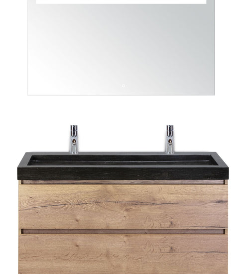 Badmeubelset 120 cm breed - bestaande uit: wastafelkast 2 laden, hardstenen wastafel Lucca met twee kraangaten en luxe spiegel