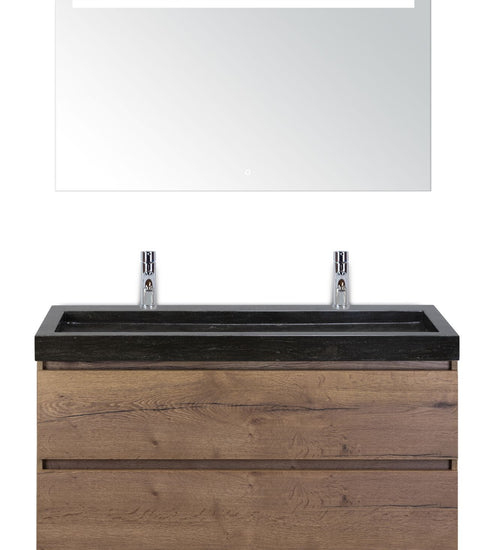 Badmeubelset 120 cm breed - bestaande uit: wastafelkast 2 laden, hardstenen wastafel Lucca met twee kraangaten en luxe spiegel