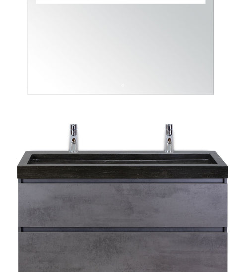 Badmeubelset 120 cm breed - bestaande uit: wastafelkast 2 laden, hardstenen wastafel Lucca met twee kraangaten en luxe spiegel