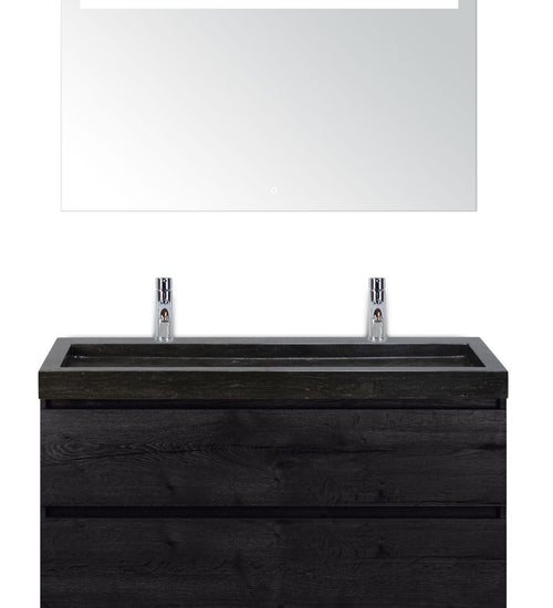 Badmeubelset 120 cm breed - bestaande uit: wastafelkast 2 laden, hardstenen wastafel Lucca met twee kraangaten en luxe spiegel