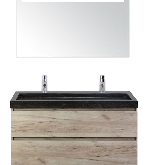 Badmeubelset 120 cm breed - bestaande uit: wastafelkast 2 laden, hardstenen wastafel Lucca met twee kraangaten en luxe spiegel