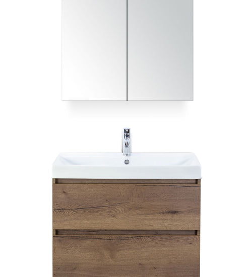 Badmeubelset 80 cm breed - bestaande uit: wastafelkast 2 laden, keramische wastafel Just met één kraangat en spiegelkast