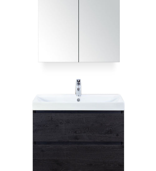 Badmeubelset 80 cm breed - bestaande uit: wastafelkast 2 laden, keramische wastafel Just met één kraangat en spiegelkast