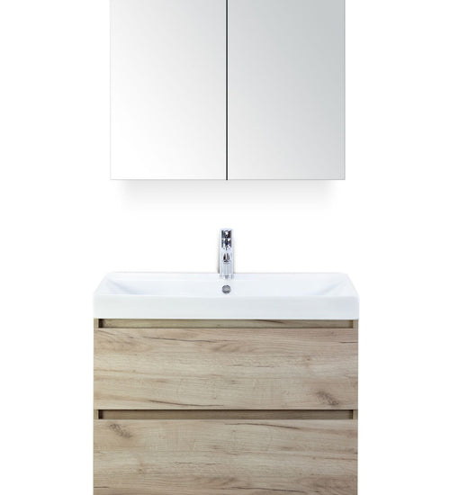 Badmeubelset 80 cm breed - bestaande uit: wastafelkast 2 laden, keramische wastafel Just met één kraangat en spiegelkast
