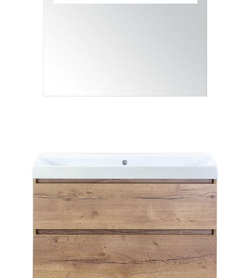 Badmeubelset 100 cm breed - bestaande uit: wastafelkast 2 laden, keramische wastafel Just zonder kraangat en luxe spiegel