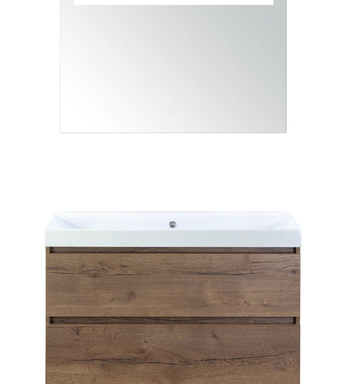 Badmeubelset 100 cm breed - bestaande uit: wastafelkast 2 laden, keramische wastafel Just zonder kraangat en luxe spiegel