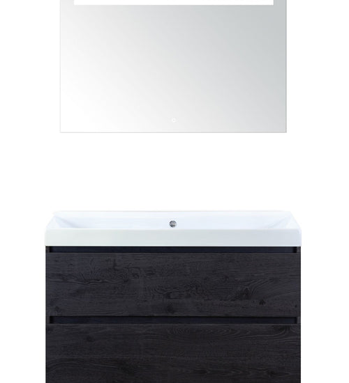 Badmeubelset 100 cm breed - bestaande uit: wastafelkast 2 laden, keramische wastafel Just zonder kraangat en luxe spiegel