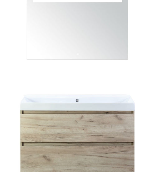 Badmeubelset 100 cm breed - bestaande uit: wastafelkast 2 laden, keramische wastafel Just zonder kraangat en luxe spiegel