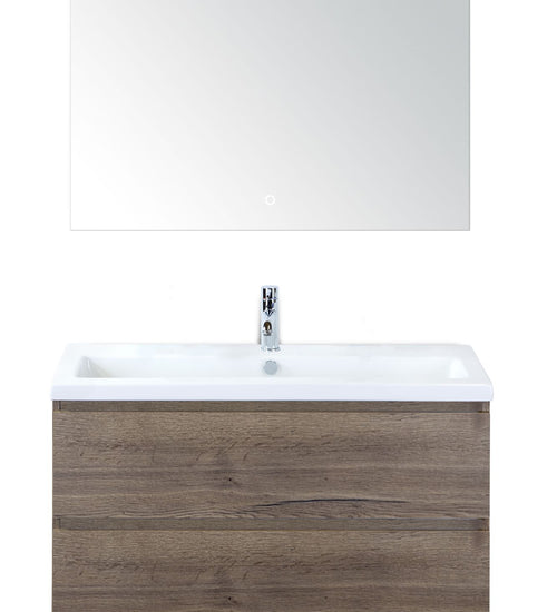 Badmeubelset 100 cm breed - bestaande uit: wastafelkast 2 laden, keramische wastafel S-line met één kraangat en luxe spiegel