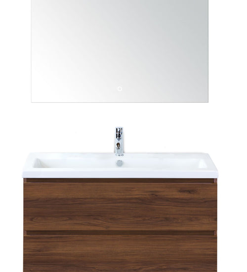 Badmeubelset 100 cm breed - bestaande uit: wastafelkast 2 laden, keramische wastafel S-line met één kraangat en luxe spiegel