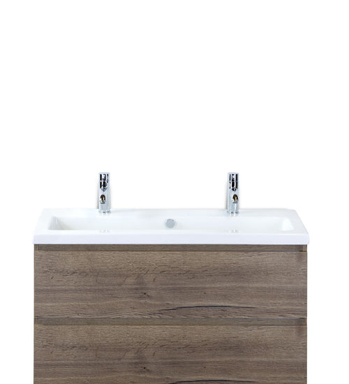 Badmeubelset 100 cm breed - bestaande uit: wastafelkast 2 laden en keramische wastafel S-line met twee kraangaten