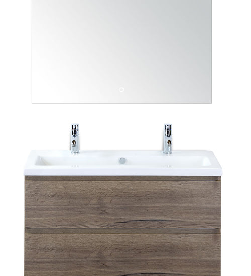 Badmeubelset 100 cm breed - bestaande uit: wastafelkast 2 laden, keramische wastafel S-line met twee kraangaten en luxe spiegel