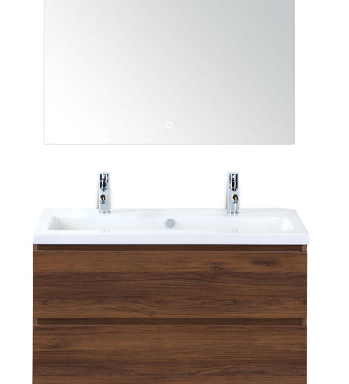 Badmeubelset 100 cm breed - bestaande uit: wastafelkast 2 laden, keramische wastafel S-line met twee kraangaten en luxe spiegel