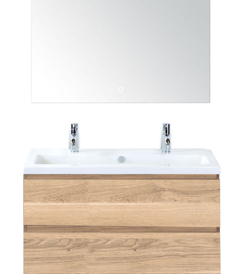Badmeubelset 100 cm breed - bestaande uit: wastafelkast 2 laden, keramische wastafel S-line met twee kraangaten en luxe spiegel